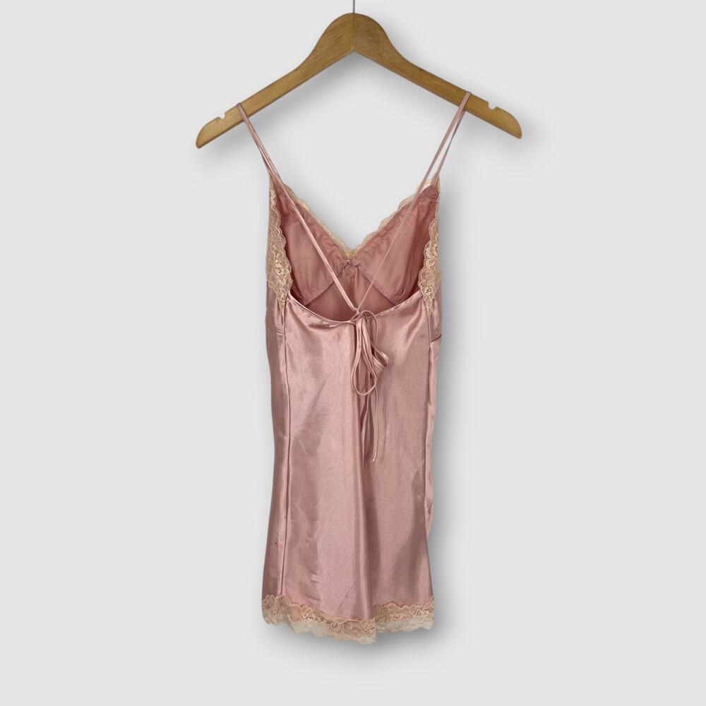 Y2K Pink Satin Lace Trim Slip Mini Dress Open Back Tie Coquette Size S - Picture 2 of 6
